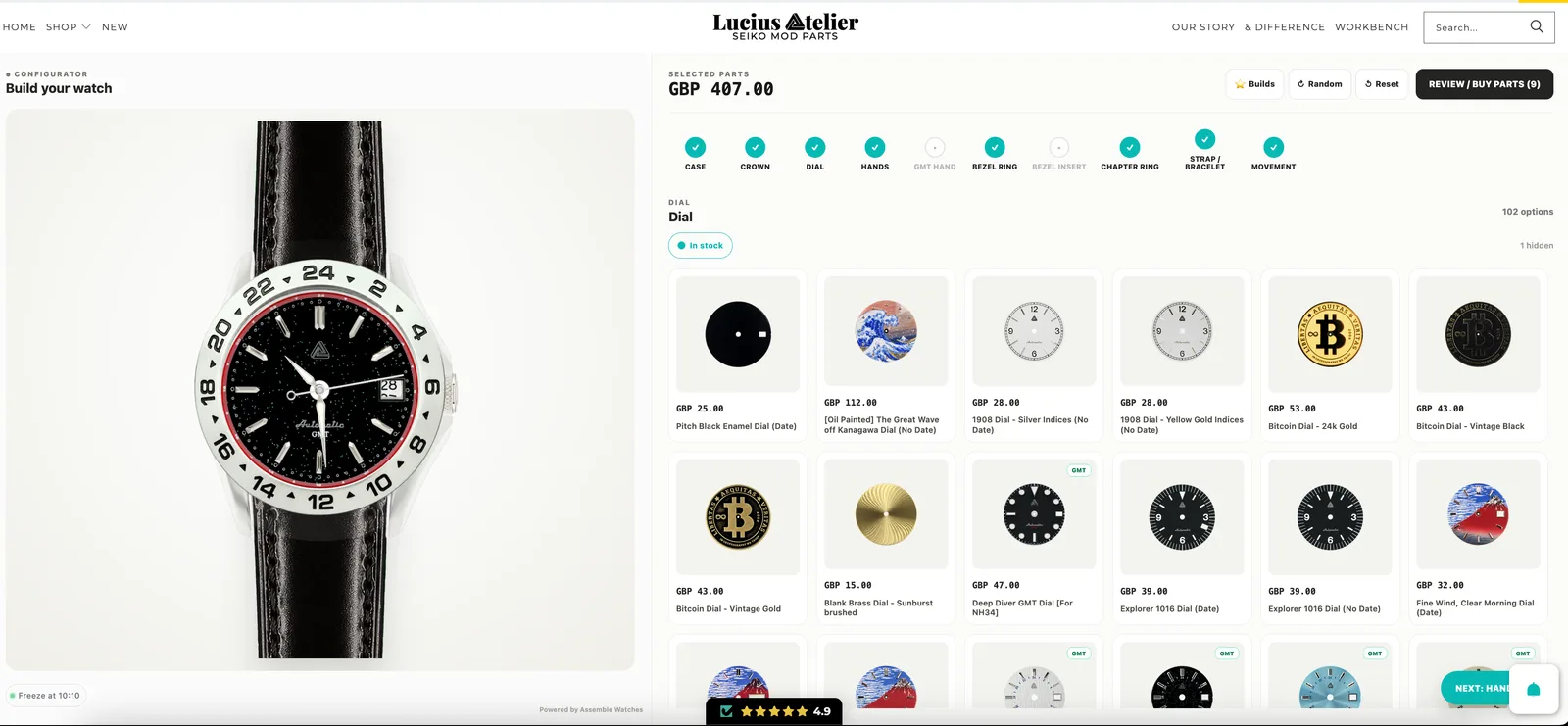 The Assemble Watches configurator running on the Lucius Atelier website, showing a watch build with case, dial, and strap selected alongside the parts picker